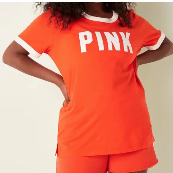 PINK Victoria's Secret Tops - PINK Victorias Secret Short Sleeve Tee Orange White Trim Crew Neck Campus Large
